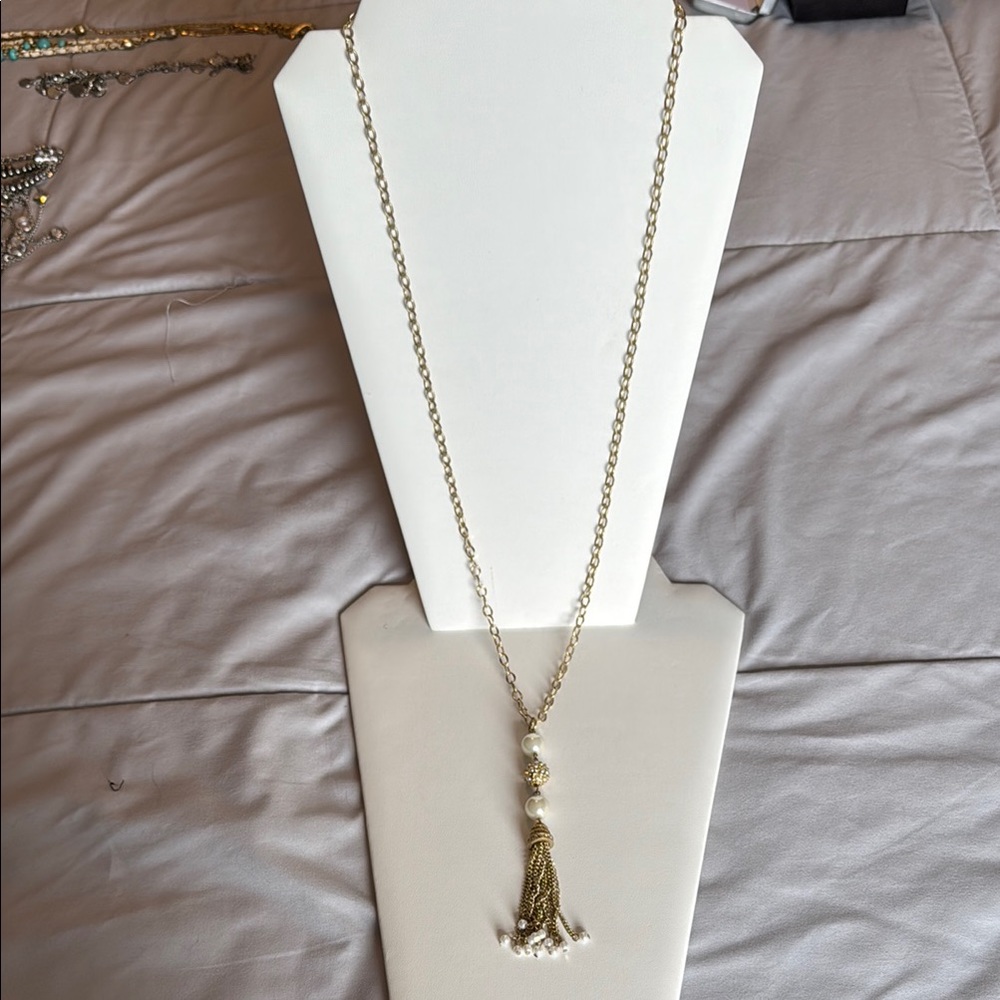 Lia Sophia Long Gold and Pearl Tassel Necklace